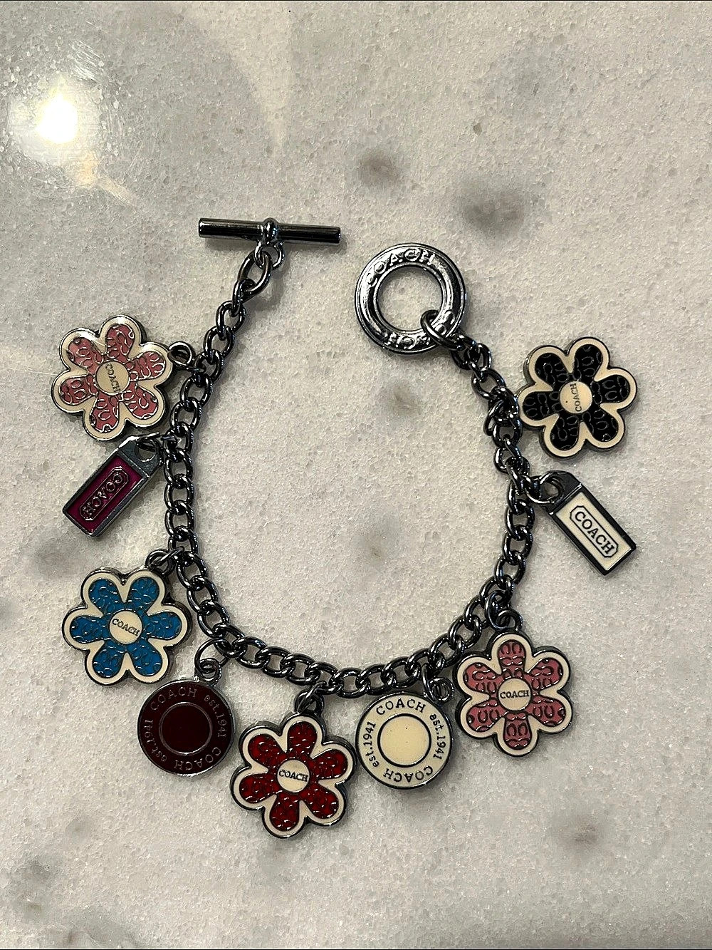 Coach Multicolor Enamel Flower Charm Toggle Bracelet Silver, Maroon, Pink, Blue